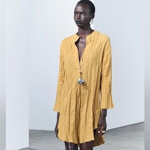 ZARA NWT PLEATED LINEN BLEND TUNIC DRESS ZW COLLECTION size XS/S